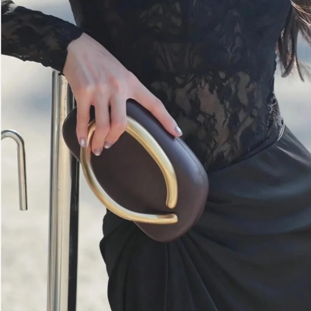 Chic Brown Bag with Metal Handle Clutch
